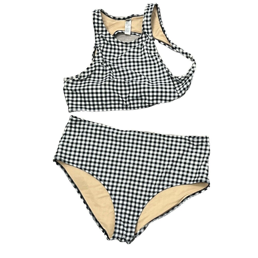 Old Navy Swimwear‎ Bikini Racerback High Waist 2 pc Black White Check Women XXL